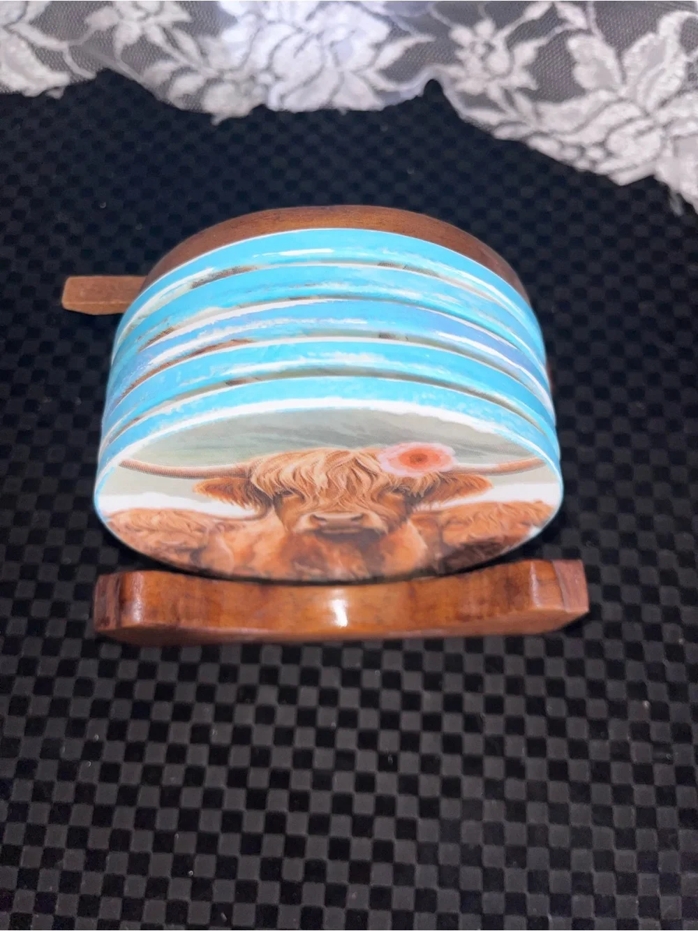 Highland Cow Ceramic Coaster Set with Wooden Holder - Brown and Blue Accent